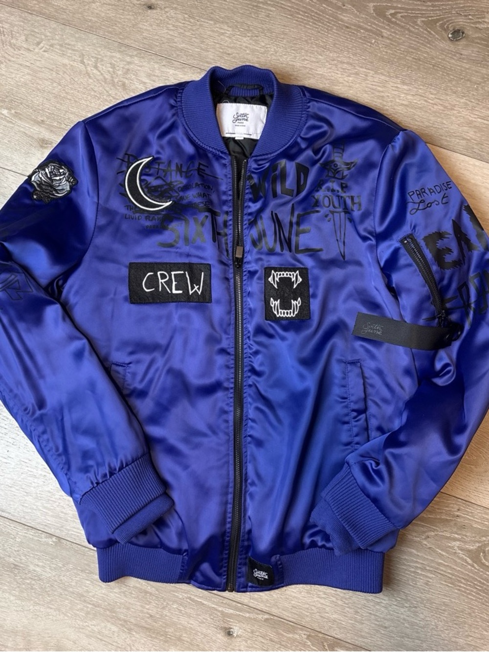 Sixth June Paris Blue Graphic Patch Quilted Bomber Jacket Size M